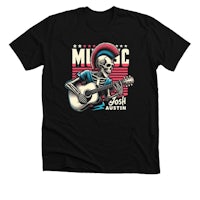 a black t - shirt with a skeleton playing a guitar